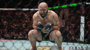 Russia's Azmat Murzakanov reacts after earning a UFC knockout victory. (AP Photo/Altaf Qadri)