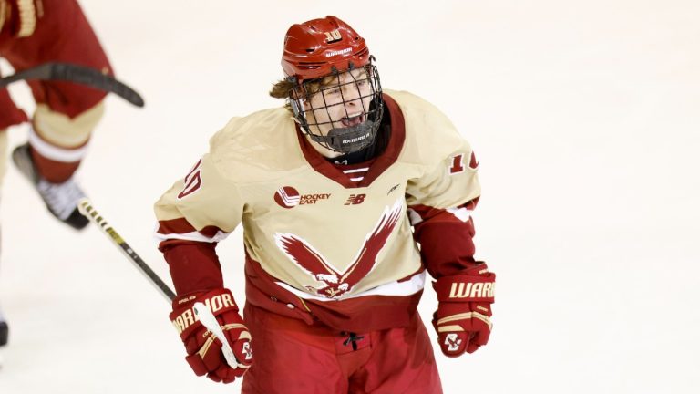 FILE - Boston College forward James Hagens (10) reacts after scoring a goal during the third period of an NCAA hockey regionals game against Bentley on March 28, 2025, in Manchester, N.H. (Greg M. Cooper/AP)
