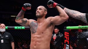 Carlos Ulberg of New Zealand reacts after knocking out Dominick Reyes in a light heavyweight fight during the UFC Fight Night event at RAC Arena on September 28, 2025 in Perth, Australia. (Photo by Ed Mulholland/Zuffa LLC)